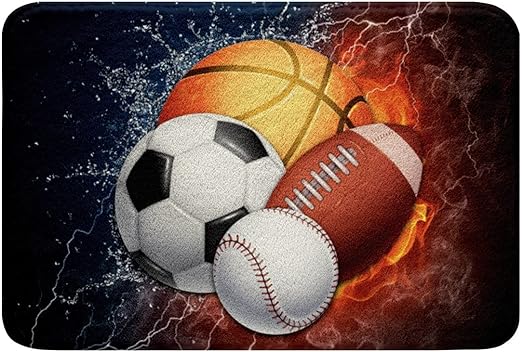 Erosebridal Sports Bathroom Rugs Boys 20"x32",Baseball Soccer Bath Mat Kids Teens Basketball Football Non Slip Bath Rugs Ball Games Bath Decor Fluffy Soft Plush,Fire Ice Trippy Lightening Decor Luxury