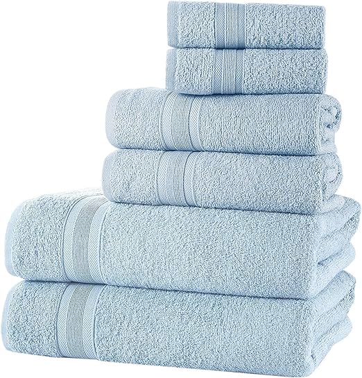 All Design Blue Bath Towels Set Quick-Dry, Soft, High Absorbent 100% Cotton Towels for Bathroom Guests Pool Gym Camp Travel College Dorm (6 Piece Towel Set, Blue)